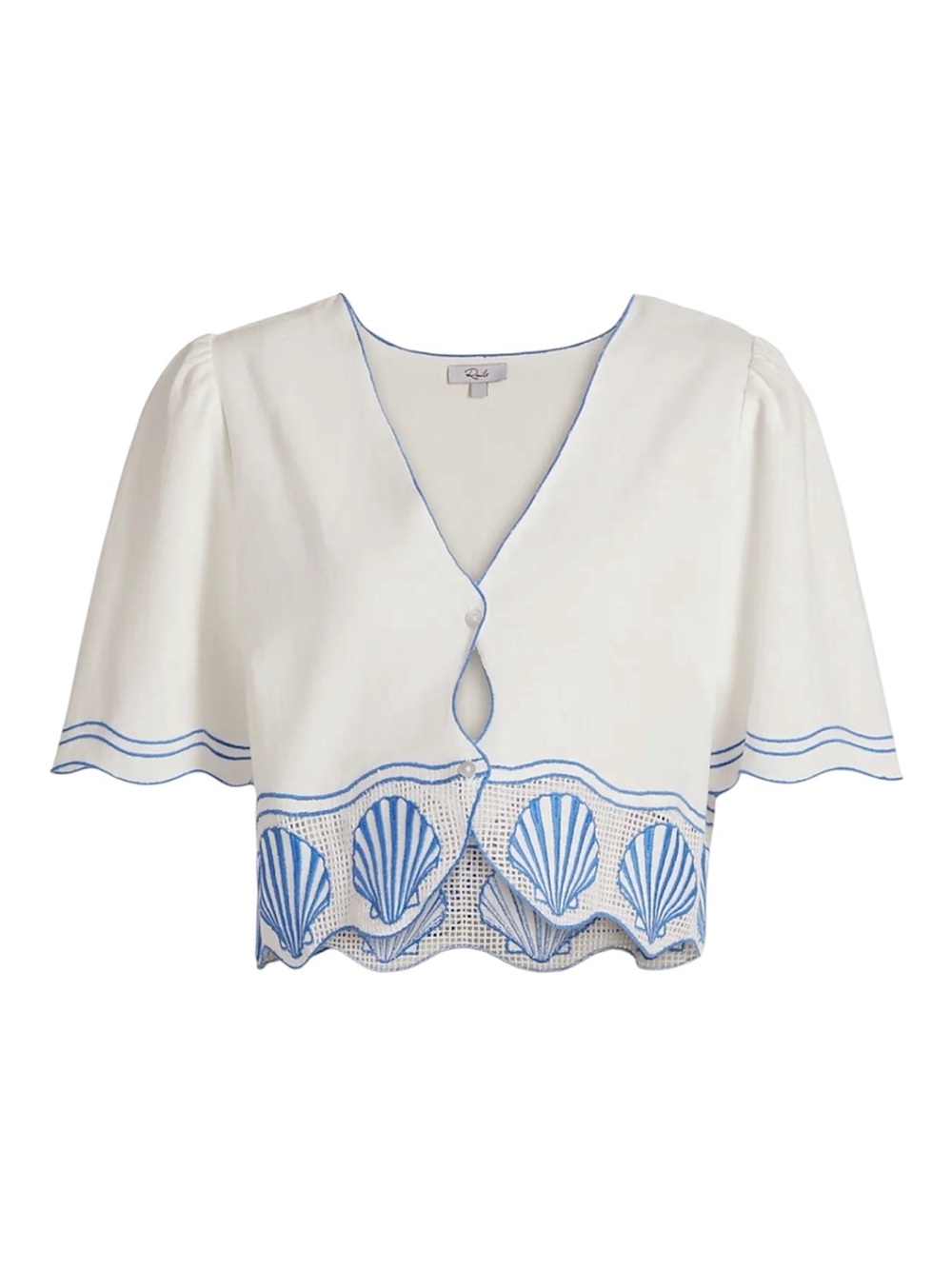 Rails Venice Embroidered Cotton Linen White Blue Seashells Copped Top